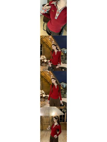 2025 Women's Autumn Two-Piece Plaid Polo Collar Long Sleeve T-Shirt