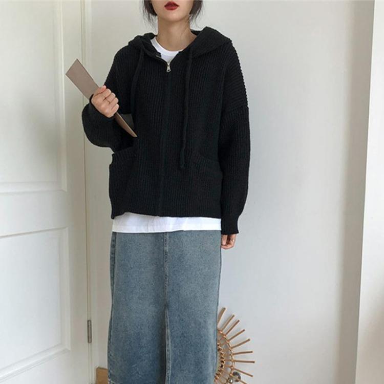 Loose Knitted Hooded Sweater Cardigan Coat Solid Color Womens Top