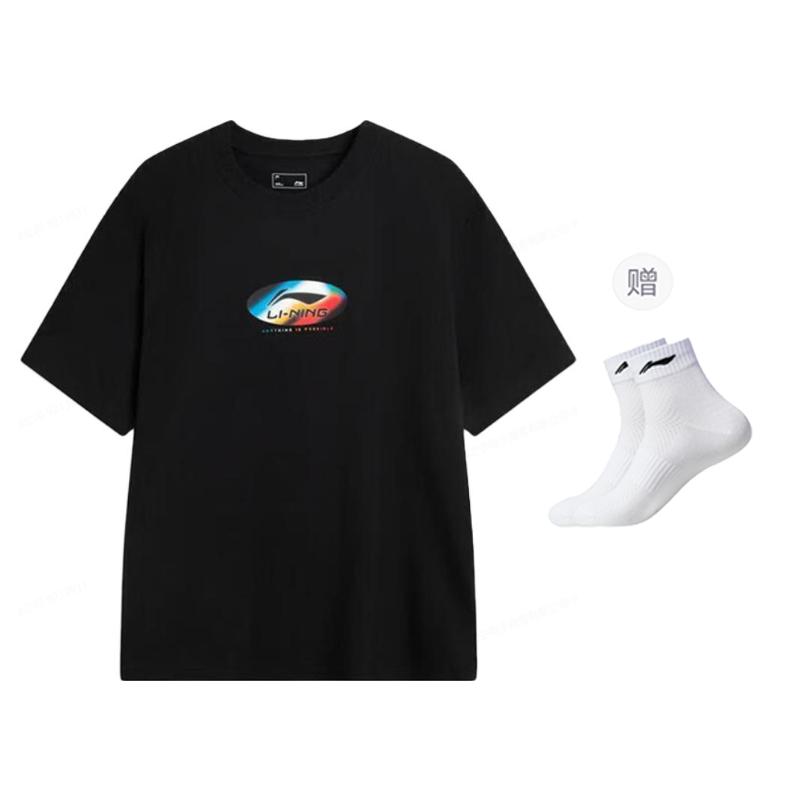 Li Ning T Shirts Unisex Black Crew Neck Moderate Straight Fit AHSVE85-1