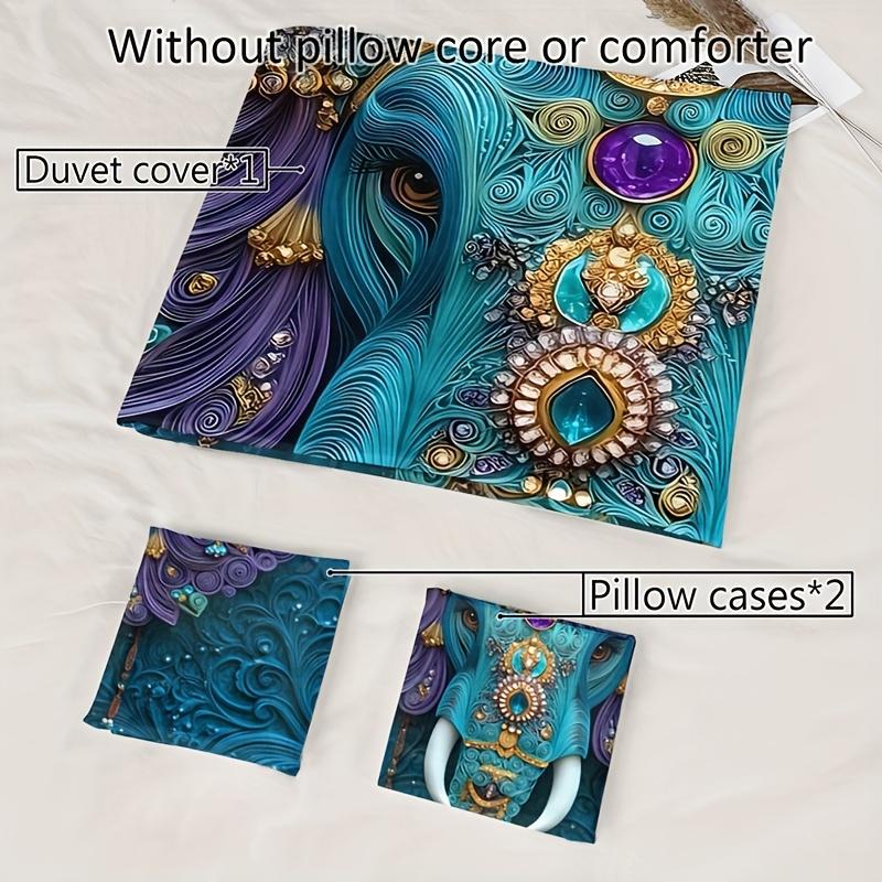 3Pcs Ethnic Style Tribal Retro Elephant Print Quilt Cover Set, 1 Quilt Cover + 2 Pillowcases Without Pillow Core High-Definition