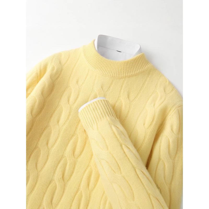 Men's Pure Wool Thick Cable Knit Sweater - Round Neck Solid Color for Autumn and Winter