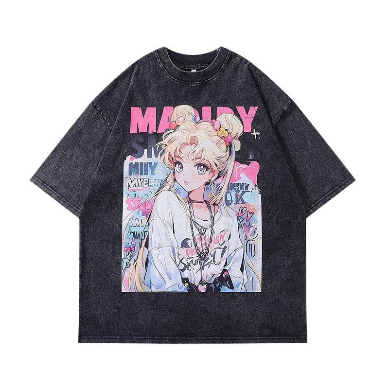 European And American High Street Abstract High Definition Printing Heavy Old Short Sleeve T-Shirt Men And Women Retro Washing Water Half Sleeve Base