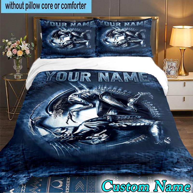 Custom Name 3PCS Alien Fire Bedding Set,Including Duvet Cover And 2pcs Pillowcases Perfect for Bedroom,Dormitory,Fan Christmas gift