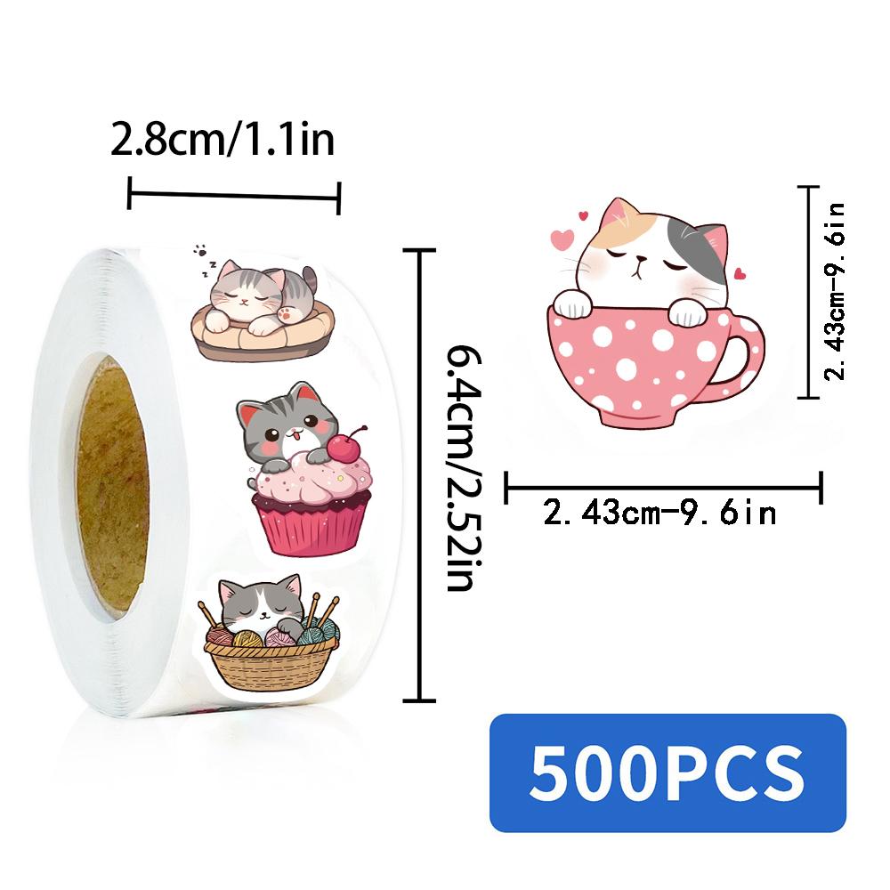 500PCS Cartoon Cat Roll Stickers Harajuku Waterproof Scrapbook Element Y2k FashionCoffee Phone Streetwear Party Stationary Decor