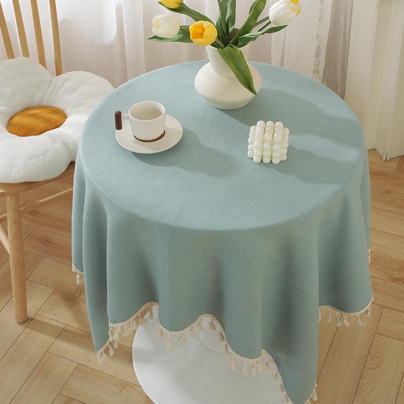 Solid Color Linen Tablecloth With Fringe Round Rectangle Dining Desk Table Cover