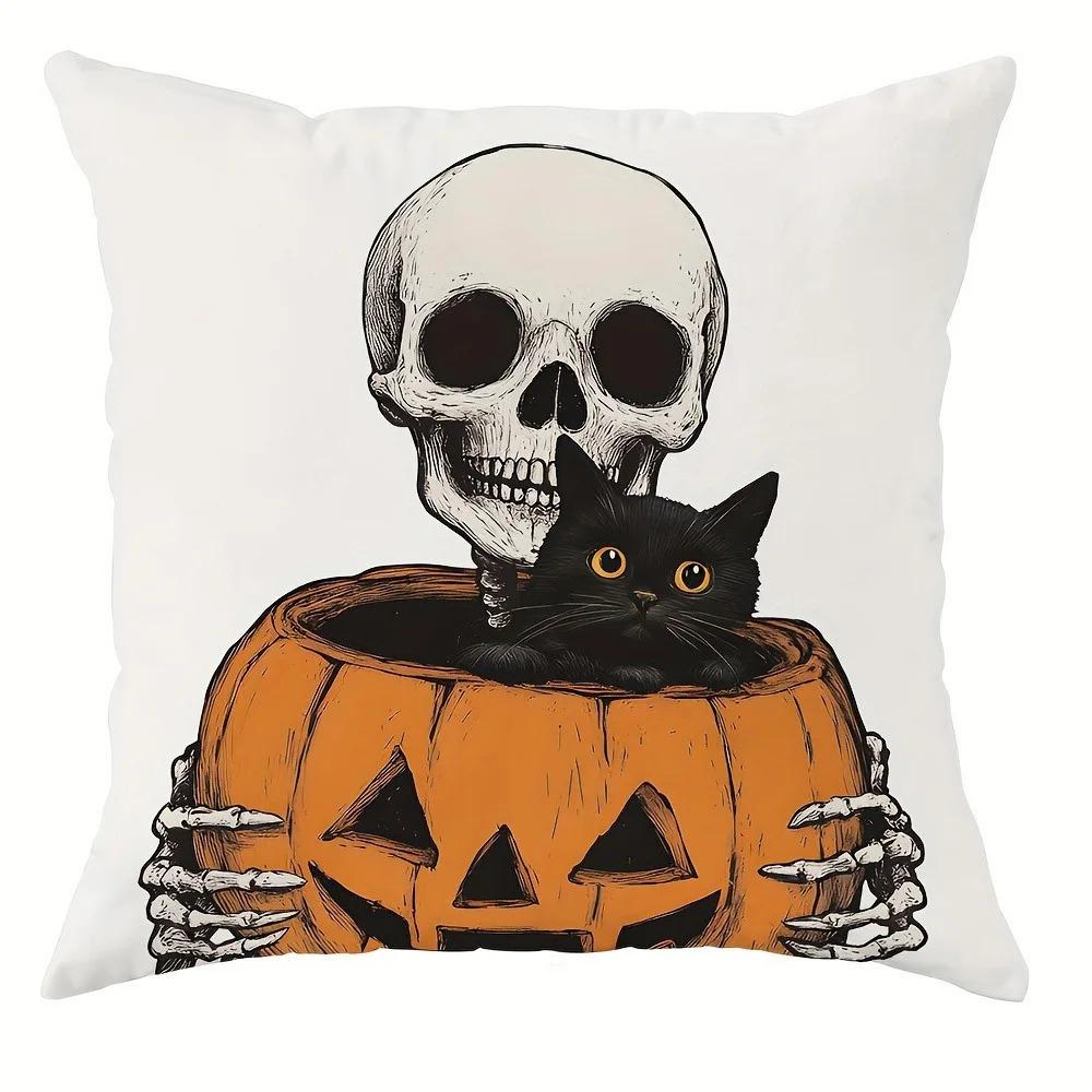 

Skull Pumpkin Printed Pillowcase, Gothic Style Sofa Cushion Cover, Horror Themed Living Room Decoration, Halloween Home Goods 18x18Inch