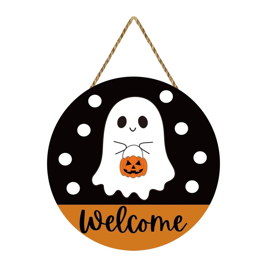Halloween Door Decoration Halloween Wreath Cute Pumpkin Hanging Welcome Sign Wooden Home Decoration
