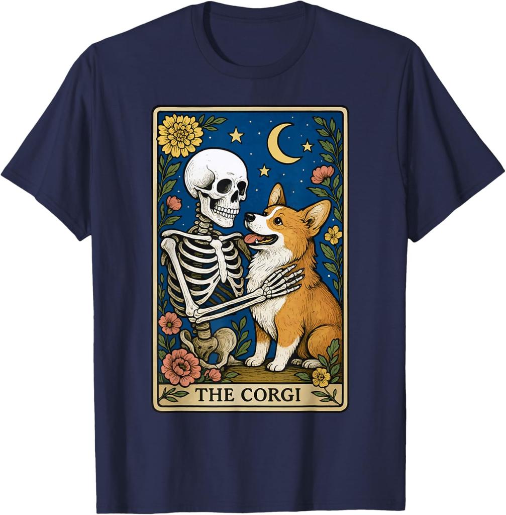The Corgi Skeleton Tarot Card Graphic Print Cotton Round Neck Casual T-Shirt Men