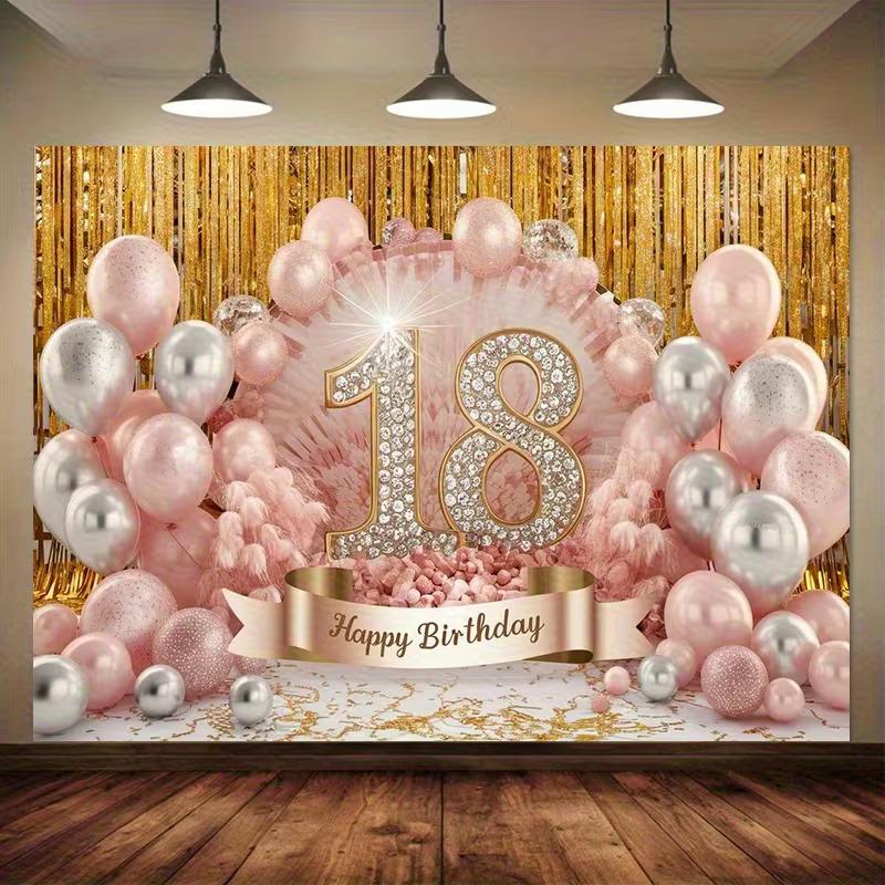 2D Pink Gold 18th Birthday Backdrop, Tinsel Curtain Party Background