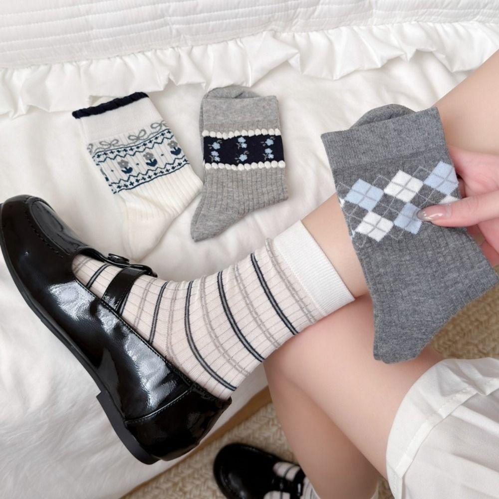 Grey Checkered Cotton Socks Small Flower Boneless Pile Socks One Size Mid-calf Socks  Spring Summer
