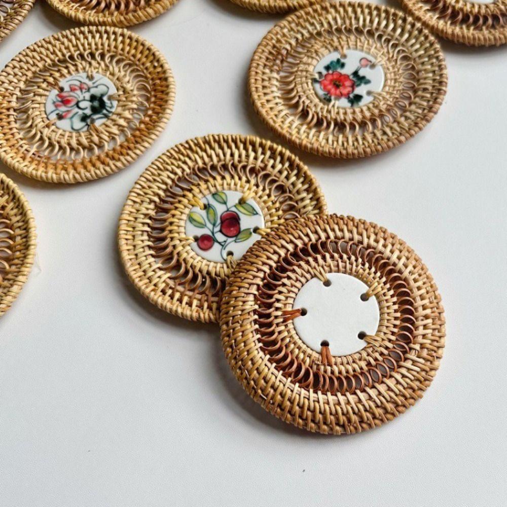 Rattan Weaving Teacup Mat Handmade Drink Cup Mat Vietnamese Rattan Ceramic Coaster  Bar