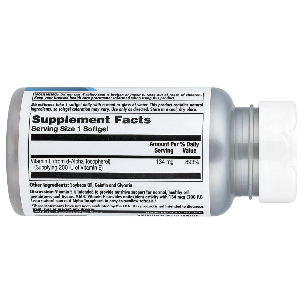 KAL Vitamin E 134mg (200 IU) Softgels, 90 Count