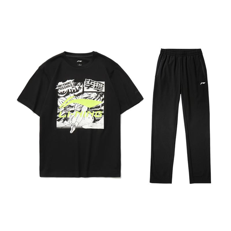 

Li-Ning Футболка с коротким рукавом, круглым вырезом и надписью «Lift», прямые длинные брюки на резинке, повседневный спортивный костюм для мужчин, комплекты черного цвета AHSUA21-2+AYKSC49-1