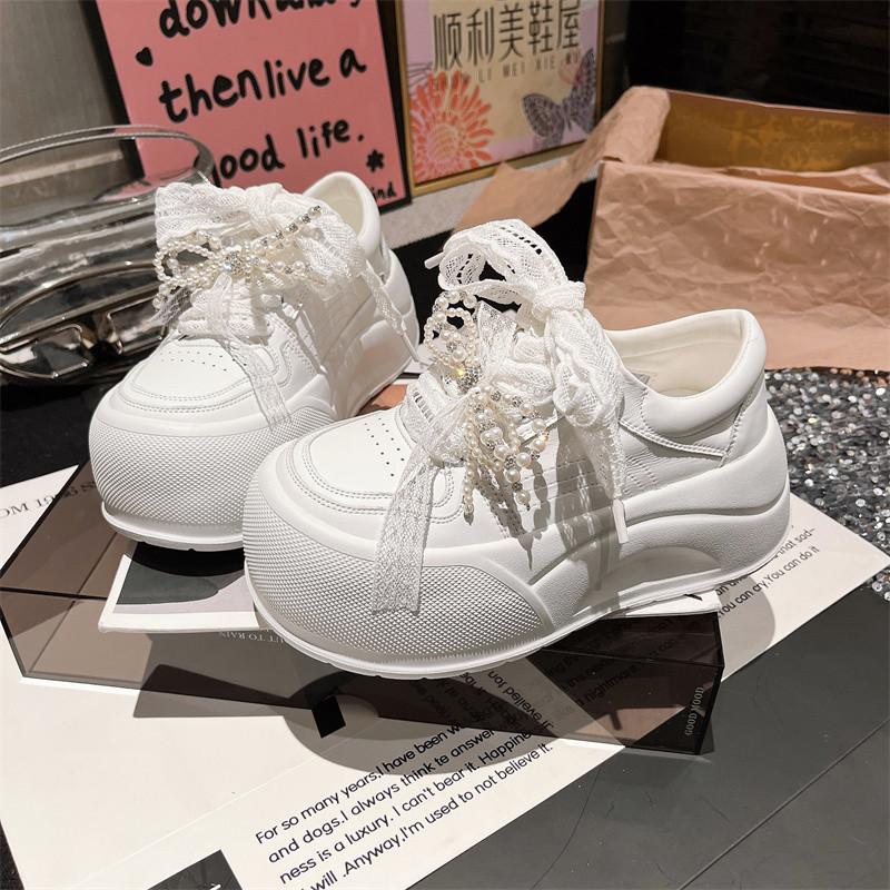 Korean Version of Genuine Leather Big Head Lace Bow Pearl Bread Shoes Platform Muffin Small 6cm Casual Board Shoes Women