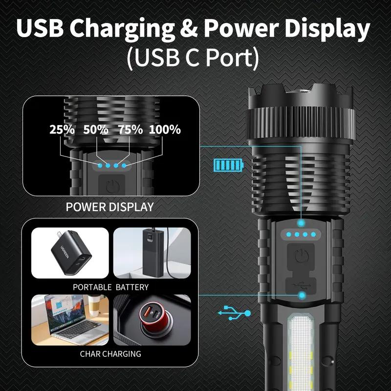 1 PCS Multifunctional Flashlight with Variable Focus and High Brightness Rechargeable LED, Equipped with 6 Lighting Modes and COB Side Lights