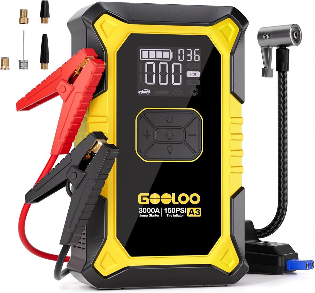 A3 3000A Jump Starter with Air Compressor, 150PSI Tire Inflator, 12V Lithium Car Booster