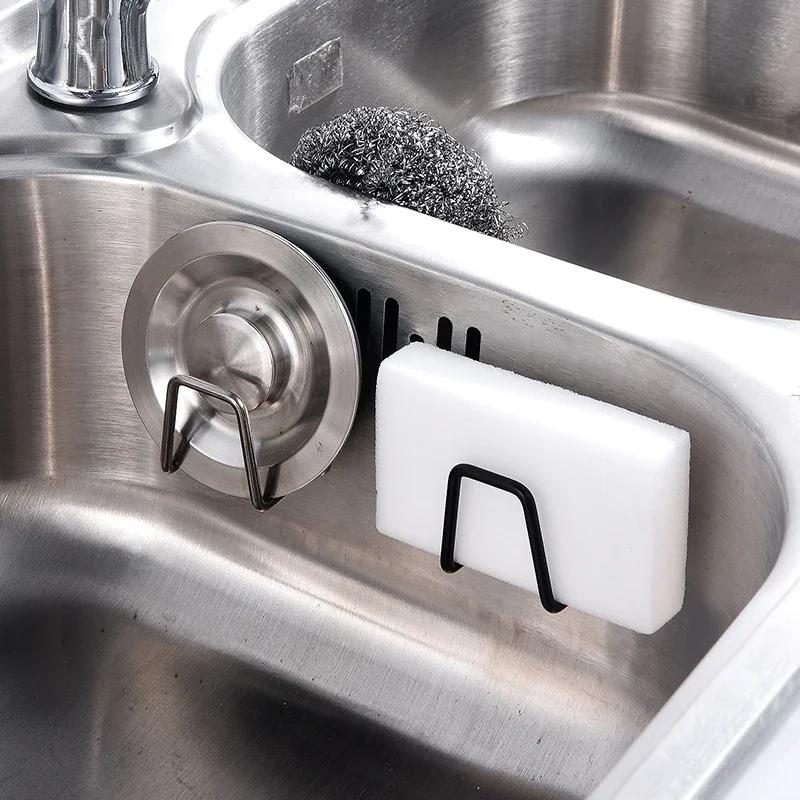 Kitchen Wall Hooks Accessories Storage Organizer Self Adhesive Drain Drying Rack Stainless Steel Sink Sponges Holder