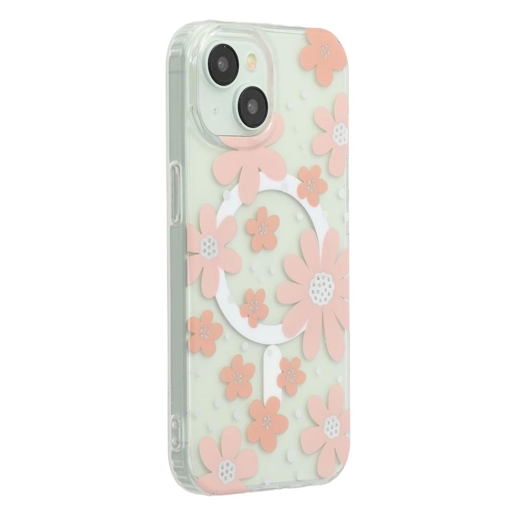 For iPhone 15 Magnetic Case IMD Flower Pattern TPU+PC Clear Back Phone Cover
