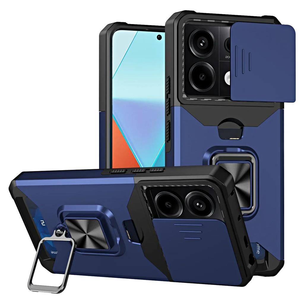 Case for Xiaomi Redmi Note 14 13 12 Pro Plus 13C 14C 4G 5G Slide Camera Card Holder Slot Wallet Protective With Ring Stand Cover