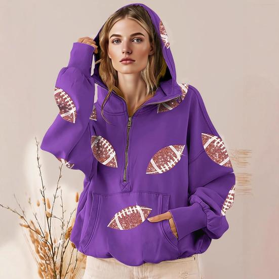 Hooded Sweatshirt for Women Half Zip Oversized Hoodies with Sequin Rugby Print Fall Casual Pullover Tops with Pockets