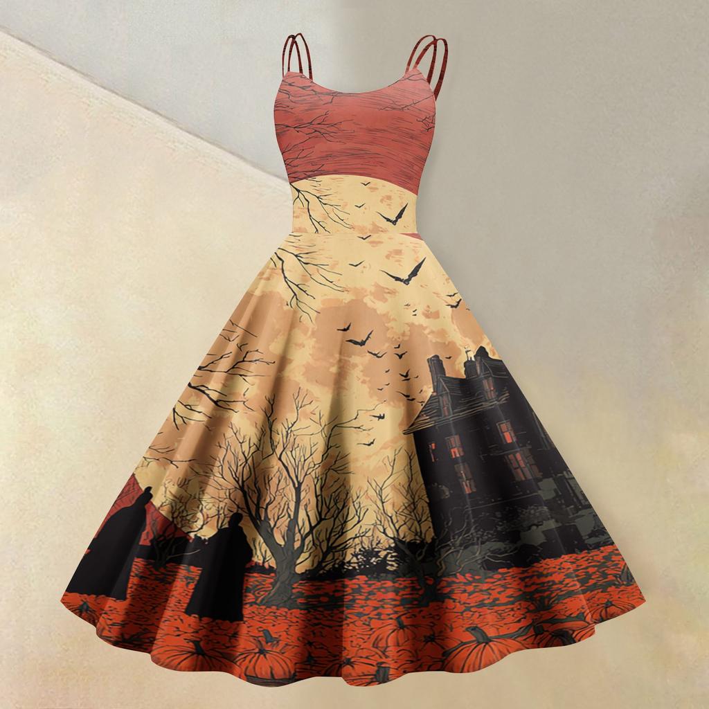 Women's Sleeveless Casual Dress with Halloween Print Round Neck Vintage Style Fit and Flare Midi Dress for Everyday Wear