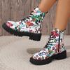 Large-Size Boots – Autumn/Winter New European & American Printed Casual Round Toe Lace-Up Low-Heel High-Top Martin Boots for Women