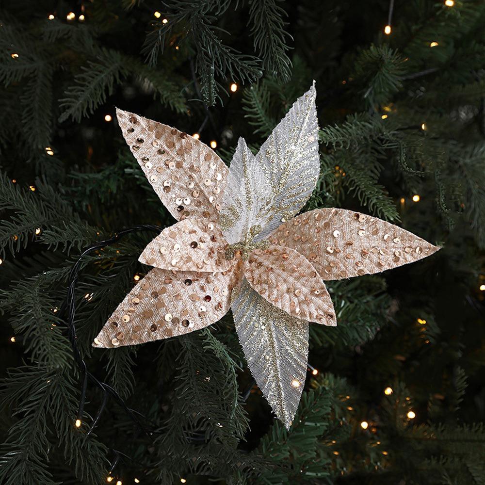 Sequin Mesh Christmas Artificial Flowers 25cm Poinsettia Flower  Festive Decoration