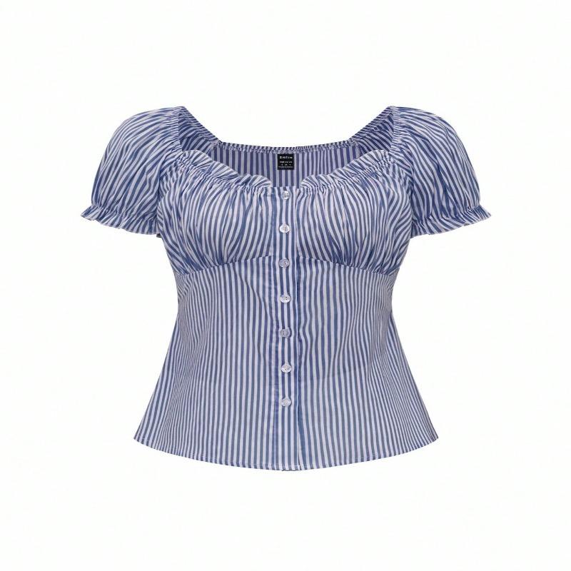 Summer Lace Collar Puff Sleeve Shirt Fashionable Striped Slim Versatile Short-sleeved Top