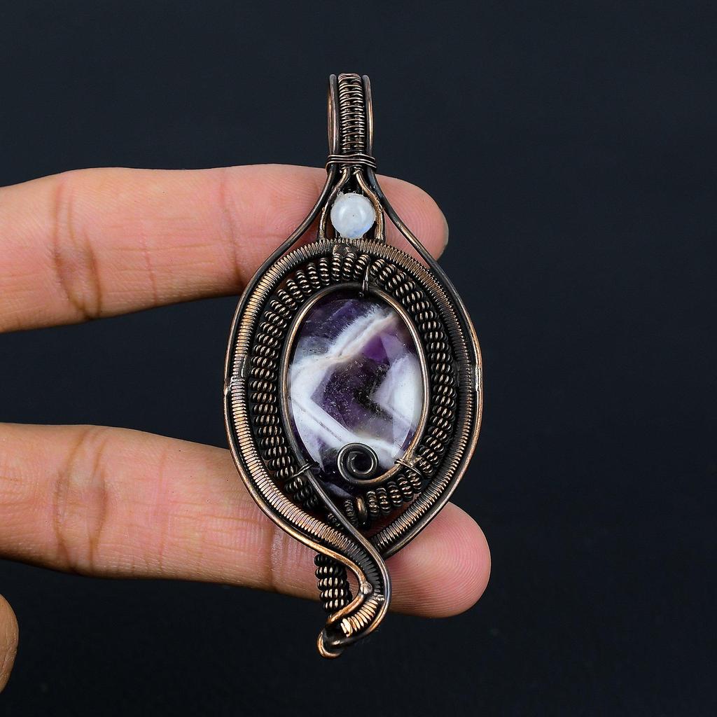 Chevron Amethyst, Moonstone Gemstone Pure Copper Wire Wrapped Designer Handmade Pendant Jewelry For Gift