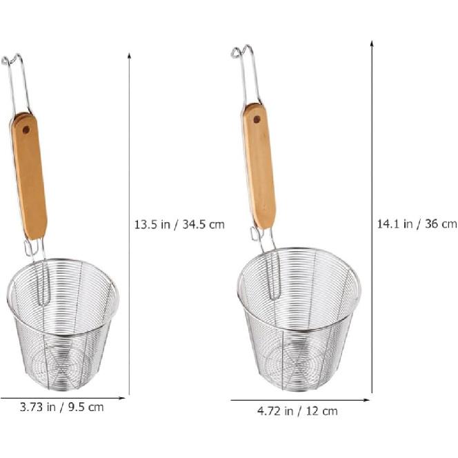 2pcs Kitchen Spider Strainer, Mesh Pasta Basket with Wooden Handle Stainless Steel Mesh Strainer Basket Mesh Spider Strainer for Pasta, Noodles,