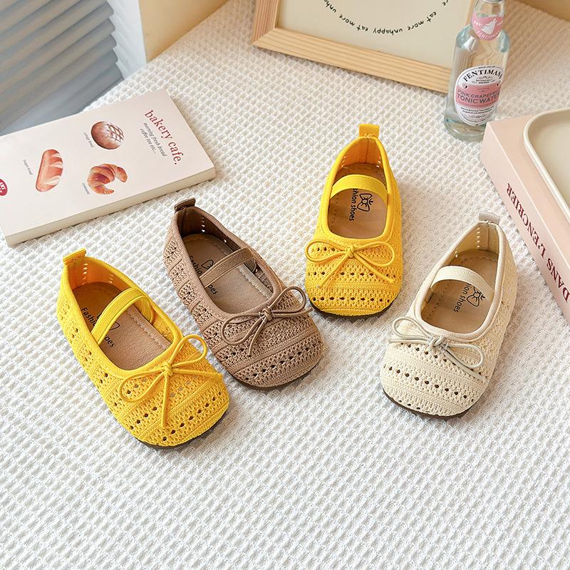 One-word belt woven bag head mesh shoes 2025 summer new Korean version of girls bow princess shoes with skirt sandals