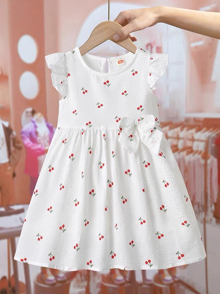 Girls Summer Cotton Cherry Floral Dress Short Flutter Sleeve Babydoll Top Cute Princess Party Dress For Kids 90cm
