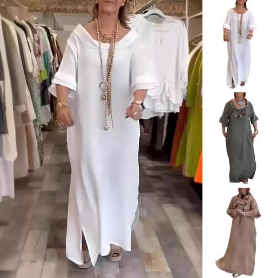 

Лето-осеннее женское платье с рюшами и рукавами три четверти плюс размер с боковым разрезом, однотонное, с круглым вырезом, свободное до щиколотки, повседневное платье макси M хаки