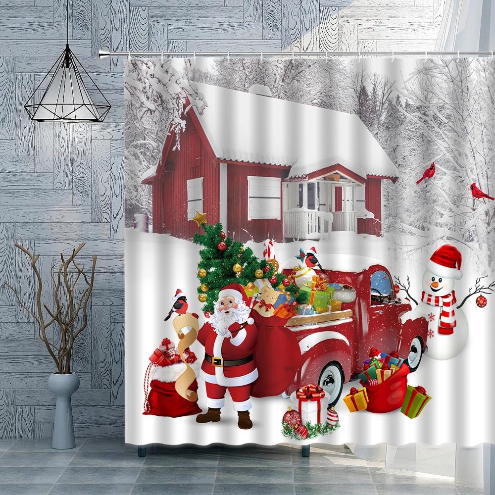 

Christmas Shower Curtain Christmas Ball Pine Branch Santa Claus Bath Curtain Fabric Bathroom Decor Bathroom Accessories Sets W90XH180cm