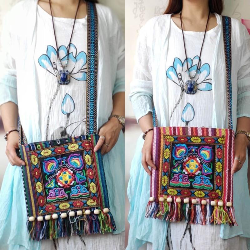 Women Vintage Tribal Ethnic Thai Indian Boho Tassel Cotton Linen Shoulder Bag Embroidery Flower Tapestry Tote Messenger Bags