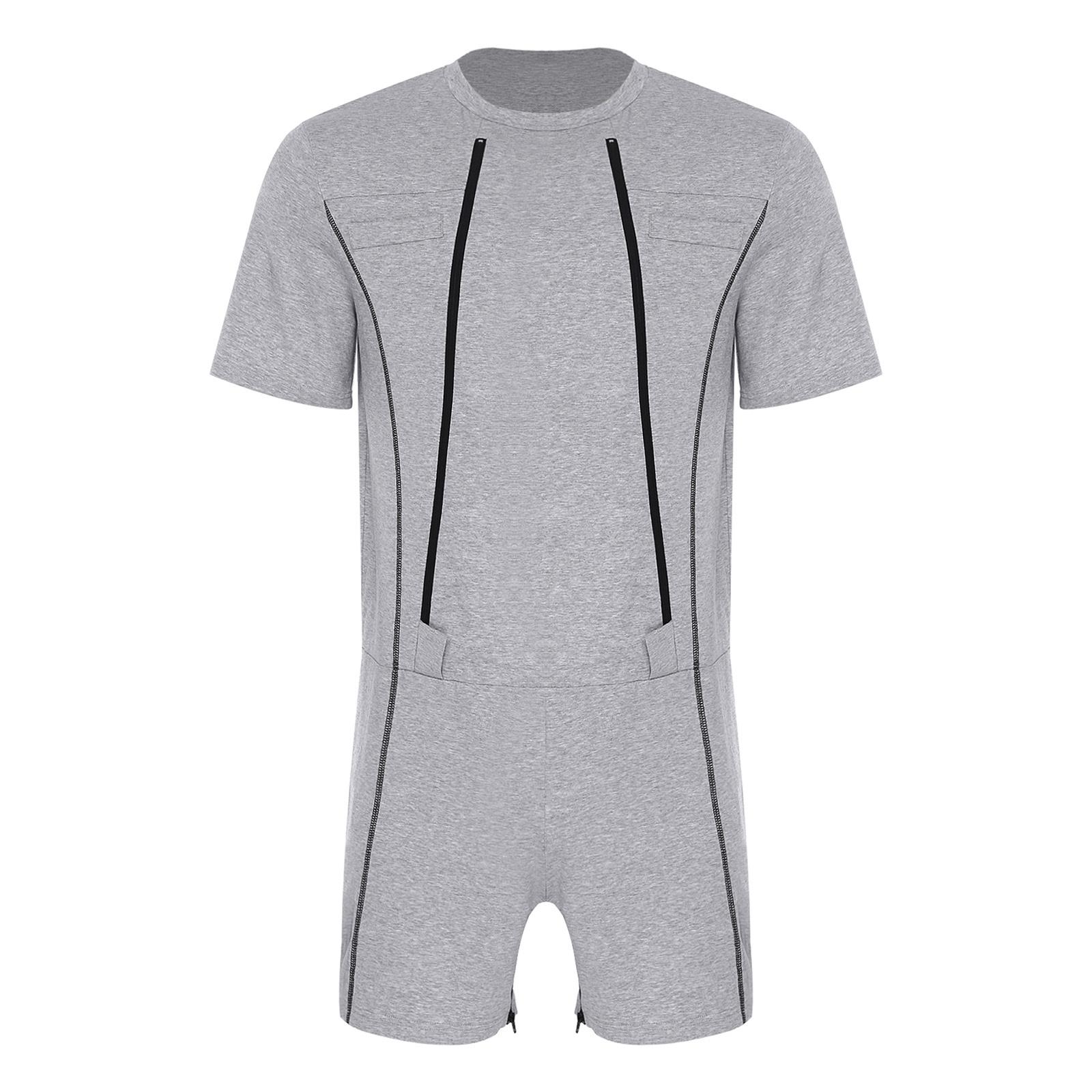 HULIJA Heren Anti-strip Jumpsuit Voorkant Dubbele Rits Kruis Korte Mouw Alzheimer Ouderen Adaptieve Rompers Verzorgend Verpleging XXL grijs