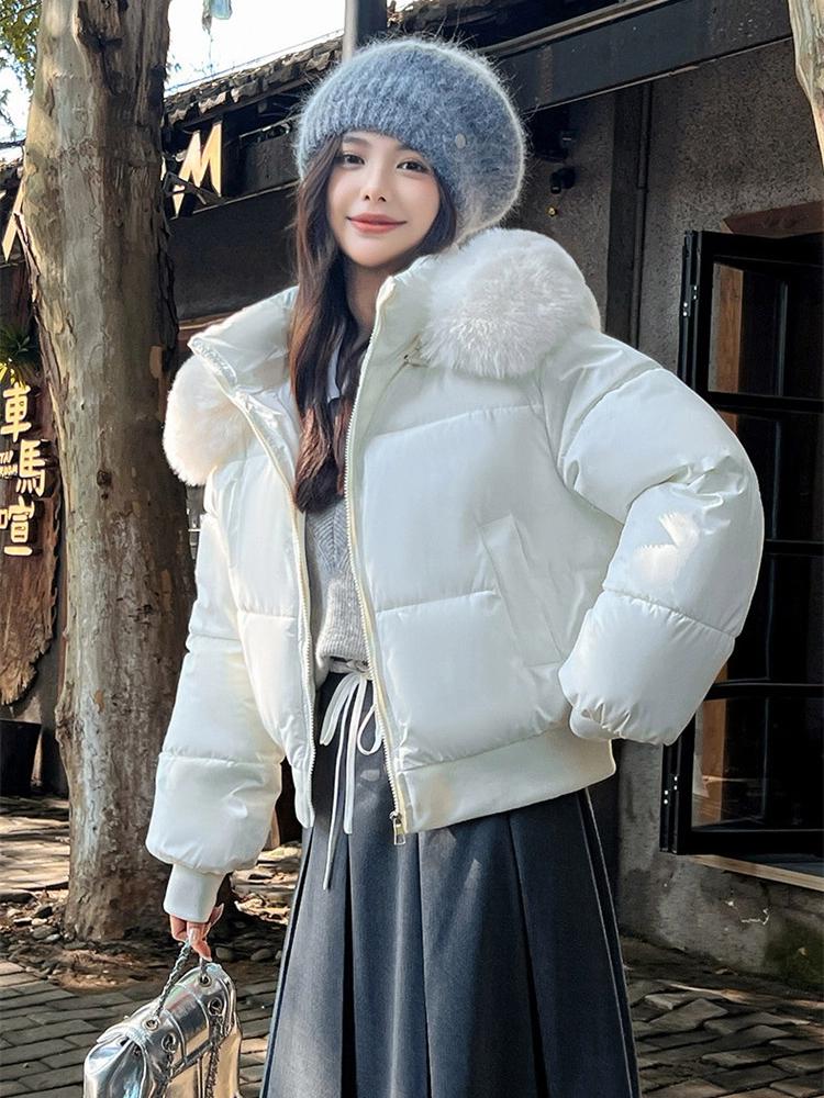 Hooded Cotton-padded Jacket Short Winter Thickened Warm Coat With Fur Collar