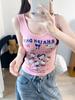#Summer new sweet wind cartoon print splicing round neck vest female slim fixed with chest pad top