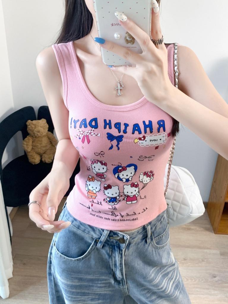 #Summer new sweet wind cartoon print splicing round neck vest female slim fixed with chest pad top
