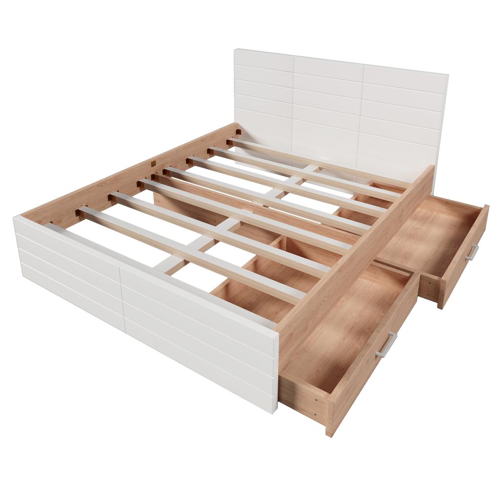 Wooden Bed System 160x200cm with 2 Drawers, Modern Bed incl. Bed Frame & Slatted Frame - 207x80x165cm (LxHxW) Set in Oak/White (With Mattress)