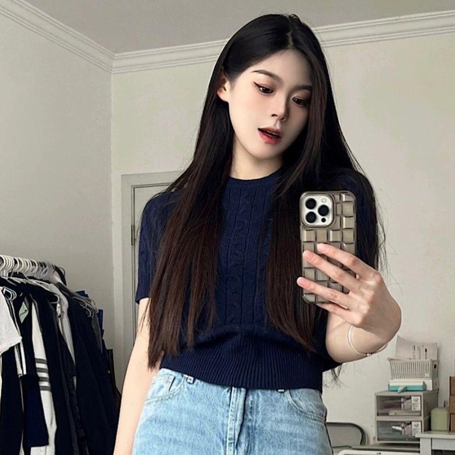 Women's Summer 2025 Korean Retro Cable Knit Short Sleeve Top