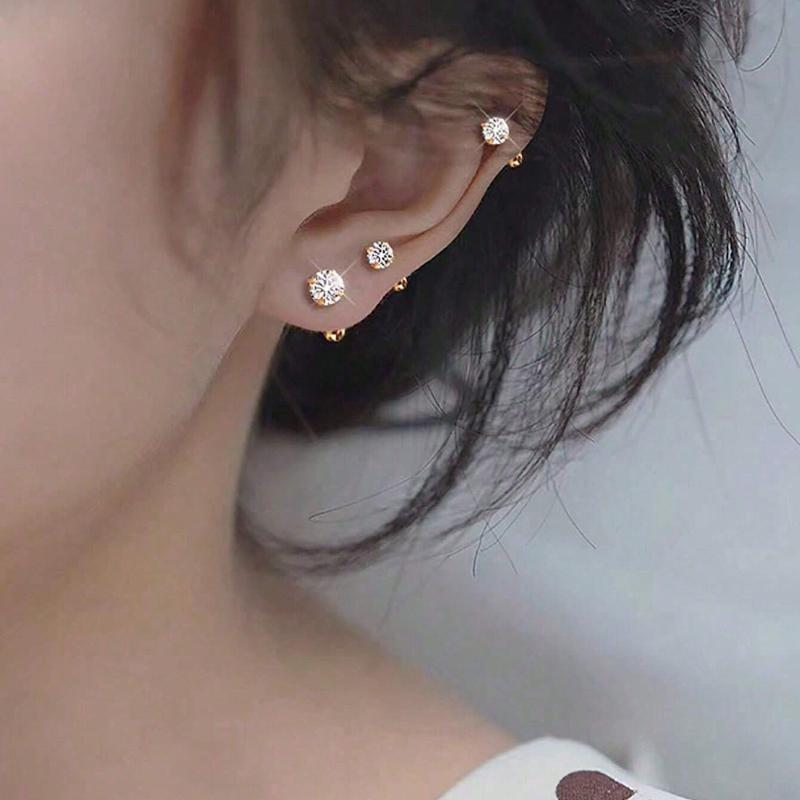 6 Stück/Set Elegante Minimalistische Damenohrringe, Titanstahl Eingelegt mit Künstlichem Zirkonia Ohrstecker, Glänzend & Praktisch für Ohrlochstechen