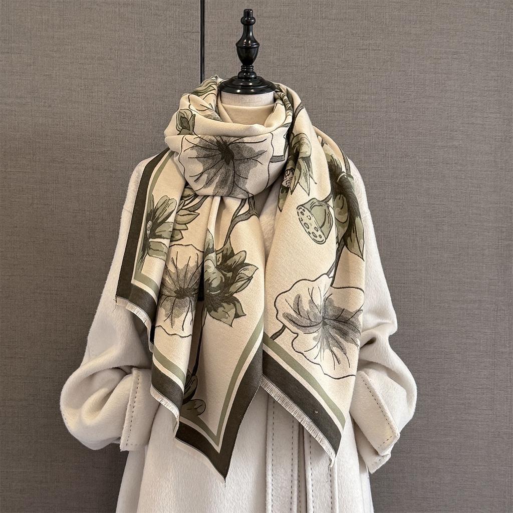 New Autumn Winter Women Cashmere Scarf Thick Warm Shawl Lotus Flower Print Fashionable And Versatile Elegant Scarves