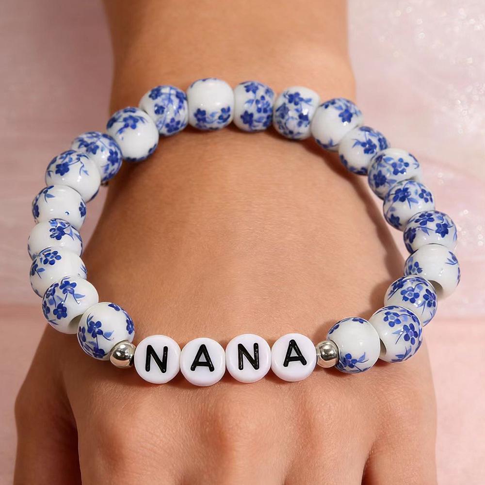 Porcelain Beaded Bracelet Gift - Blue & White Letter Design, Trendy Retro Style for NANA MAMA.