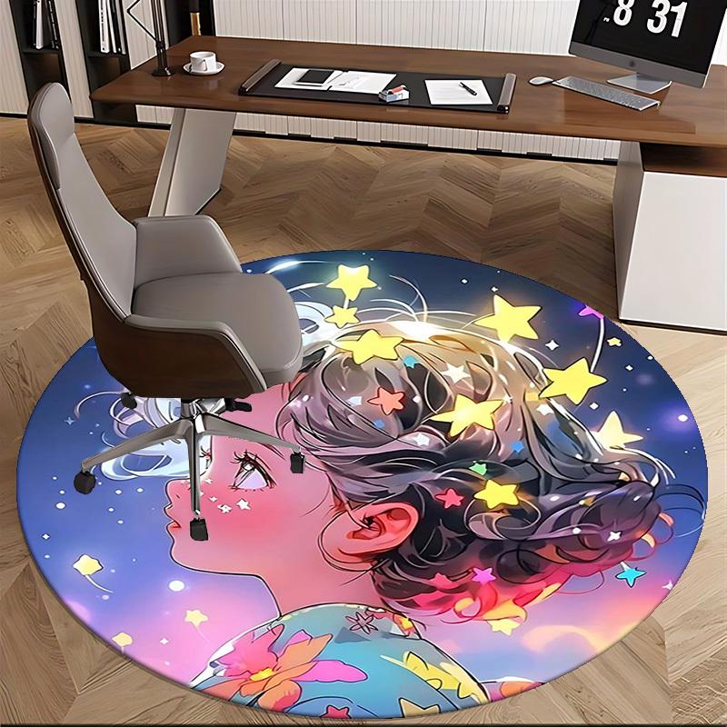 1pc Anime Design Round Carpet Office Chair Mat with Floral Print, Non Slip Rug for Home Decor, All Seasons