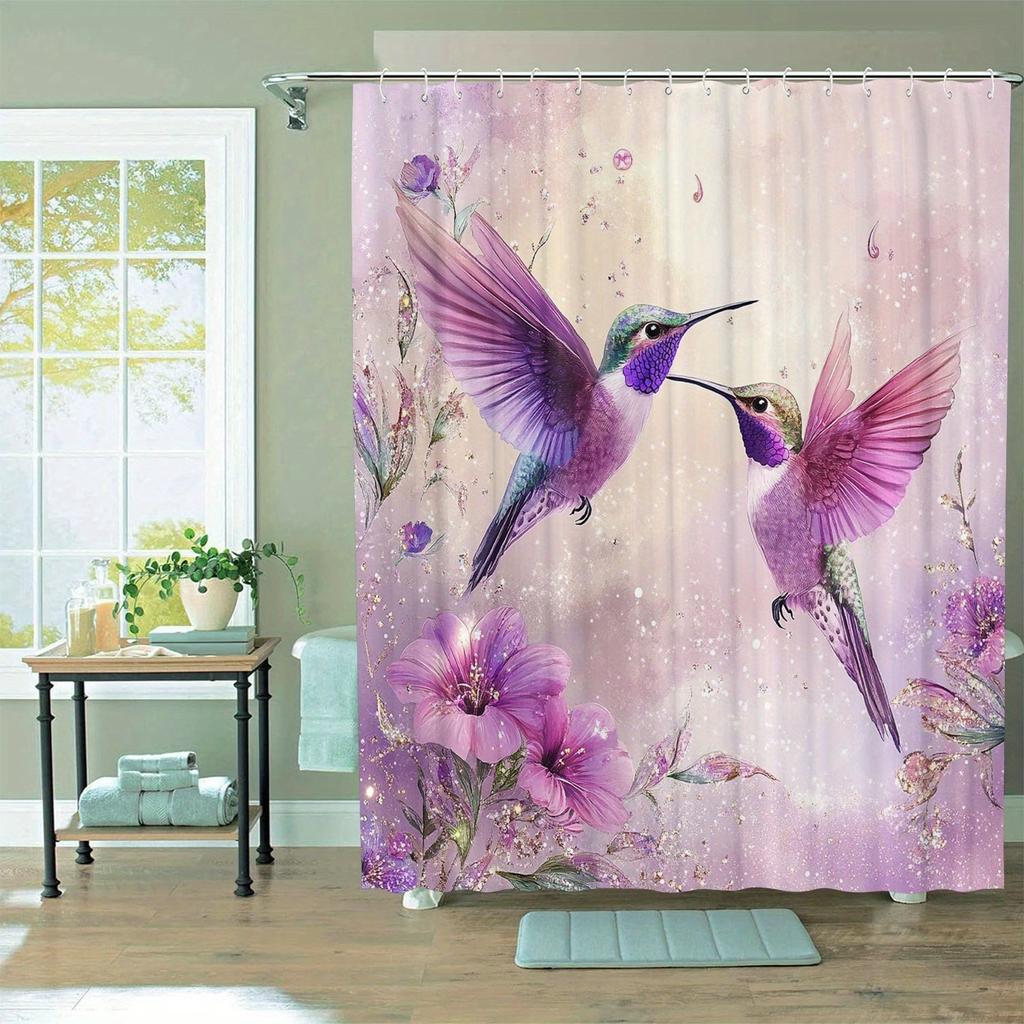 Purple Hummingbird Theme Shower Curtain 12 Hooks Suitable For Room Home Hotel Machine Washablewindow Curtains Bathroom One Piece
