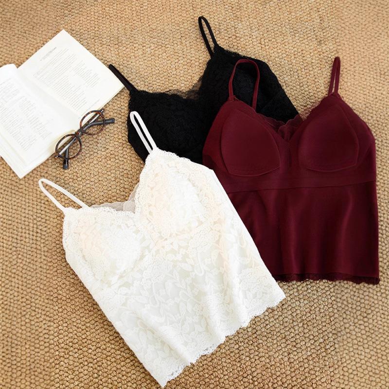 Women's Lace Camisole with Built-In Bra, Fleece-Lined, Sexy Slim-Fit for Autumn/Winter