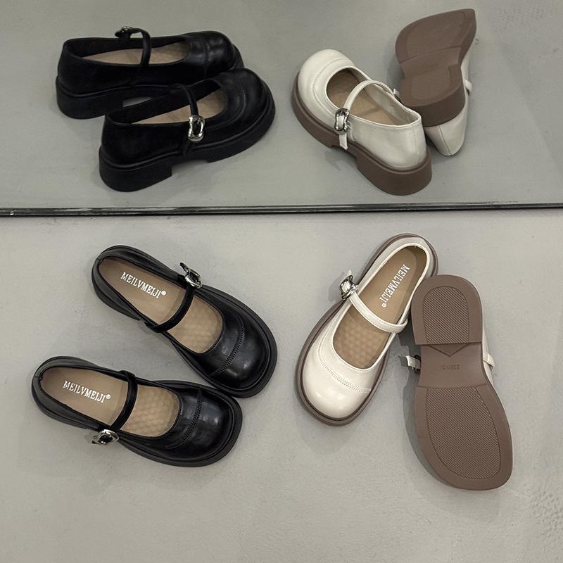 Retro Round Head British Women's Shoes 2025 Small Leather Shoes Versatile Belt Mary Jane Shoes Women's Low Heel Light Mouth Loafer Single Shoes