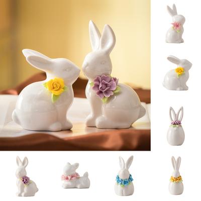 Figurină Iepuraș Ceramic de Paște Mini Statuetă Iepuraș cu Flori Ornament Decorațiune de Primăvară, Paște, Casă, Birou, Petrecere de Sărbători