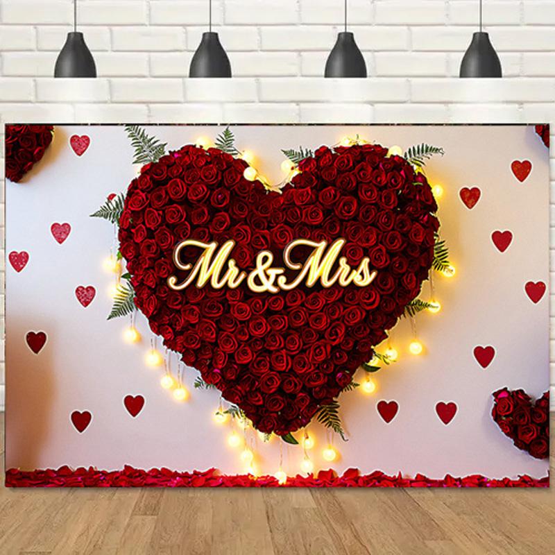 Mr & Mrs Wedding Backdrop with Red Rose Heart Design,Photo Background,Wall Decor,Party Supplies,Anniversary Backdrop,Reusable Wedding Decor
